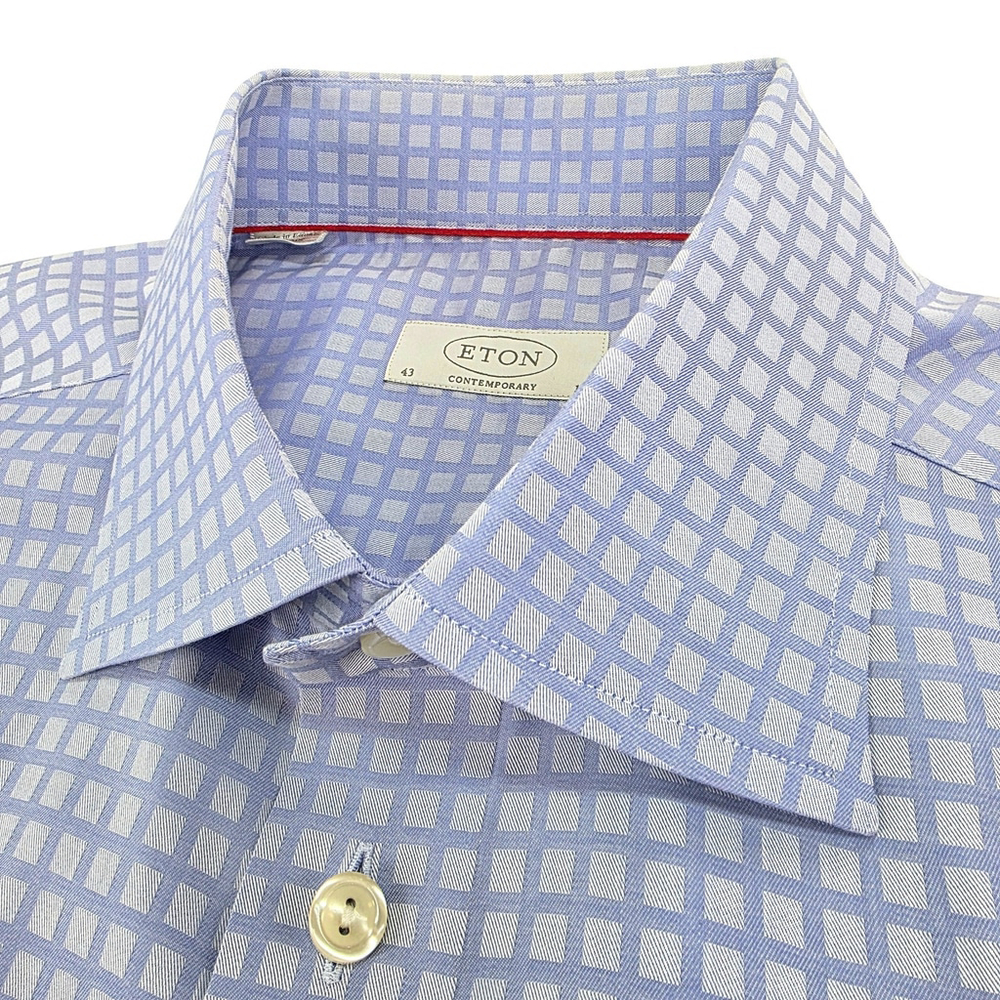 Quiet Luxury Eton Sweden Dress Shirt Mens 43 Light Blue Grid Cotton Europe - Picture 5 of 15